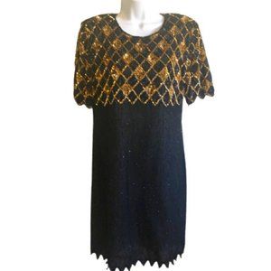 Mark & John Beaded Sequined Silk Cocktail Dress Vintage 1980s Black Gold Sequins